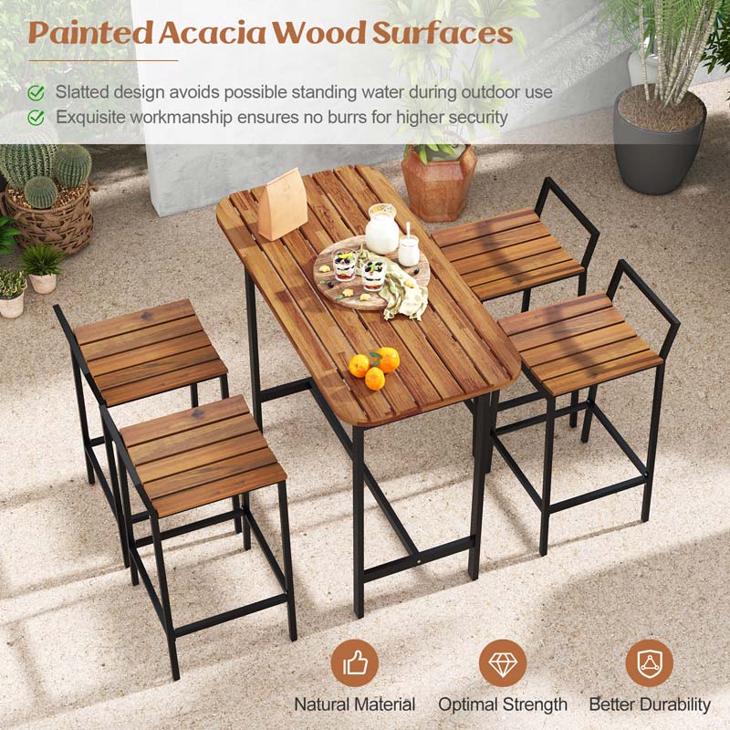 5Pcs Acacia Wood Patio Bar Table Set with Metal Frame & Footrest, Outdoor Bar Height Table & Chairs for Deck Garden Poolside