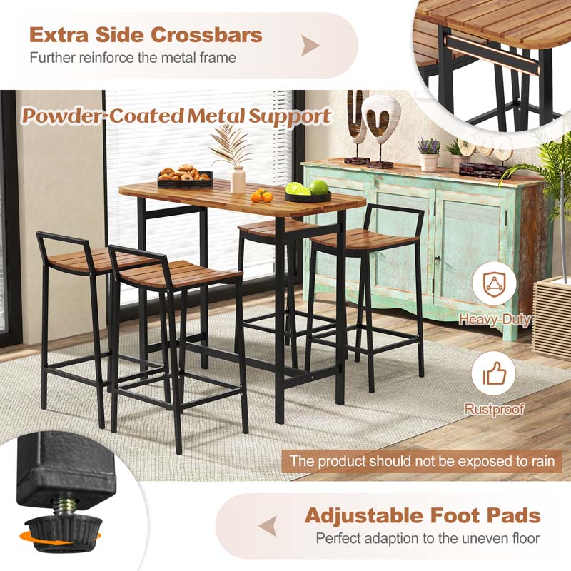 5Pcs Acacia Wood Patio Bar Table Set with Metal Frame & Footrest, Outdoor Bar Height Table & Chairs for Deck Garden Poolside