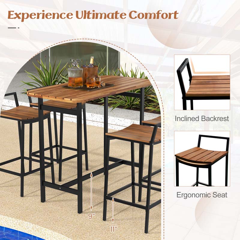 5Pcs Acacia Wood Patio Bar Table Set with Metal Frame & Footrest, Outdoor Bar Height Table & Chairs for Deck Garden Poolside
