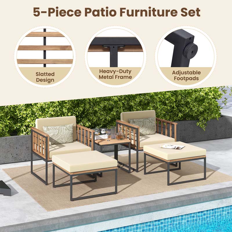 5Pcs Acacia Wood Patio Furniture Set with Ottomans, Outdoor Conversation Set with Soft Cushions & Coffee Table for Poolside Balcony