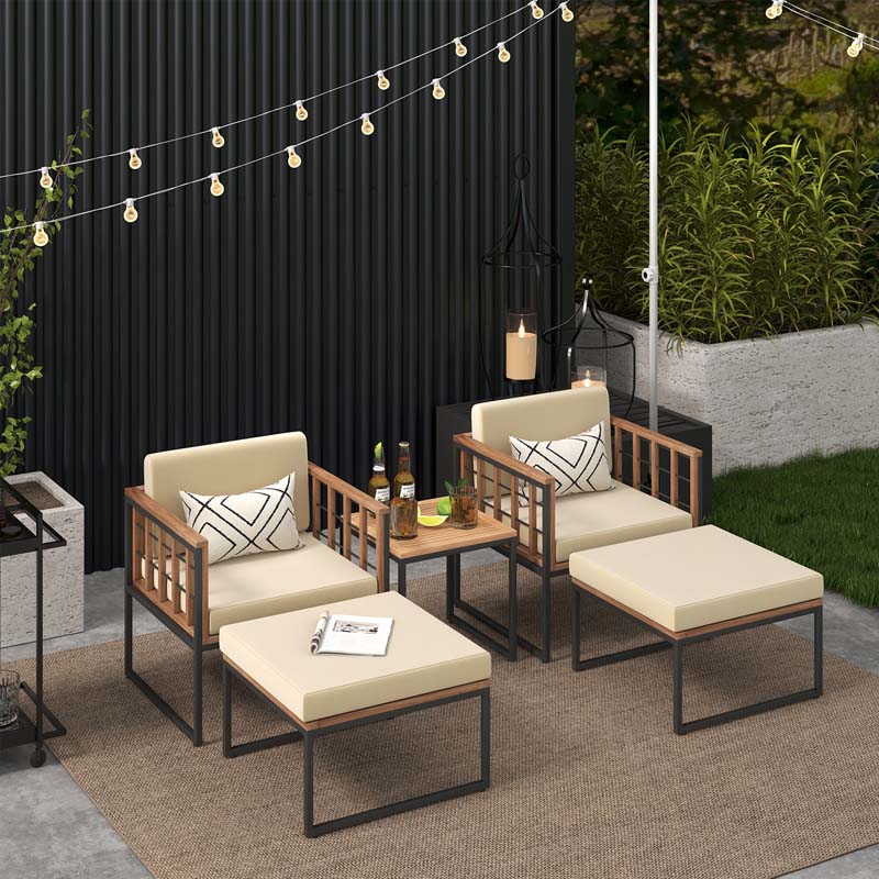 5Pcs Acacia Wood Patio Furniture Set with Ottomans, Outdoor Conversation Set with Soft Cushions & Coffee Table for Poolside Balcony