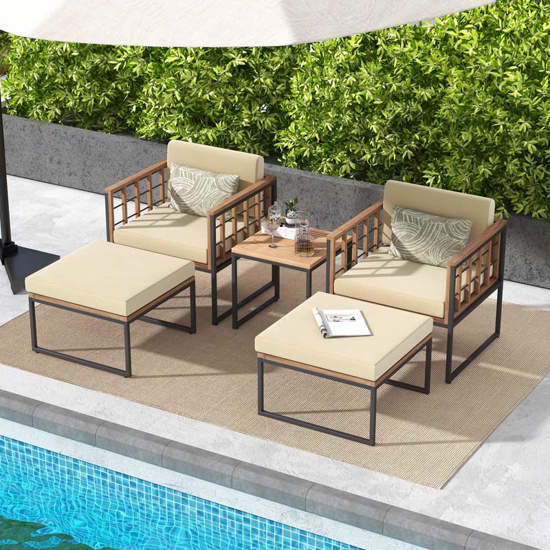 5Pcs Acacia Wood Patio Furniture Set with Ottomans, Outdoor Conversation Set with Soft Cushions & Coffee Table for Poolside Balcony