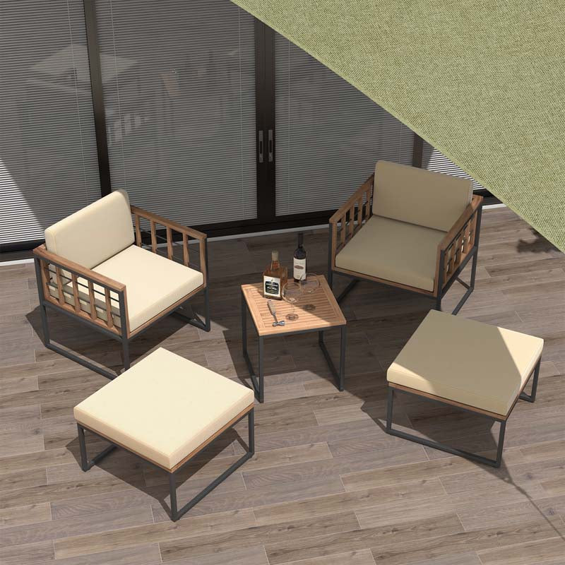 5Pcs Acacia Wood Patio Furniture Set with Ottomans, Outdoor Conversation Set with Soft Cushions & Coffee Table for Poolside Balcony