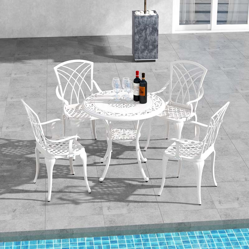 5 Pieces Retro Cast Aluminum Outdoor Round Dining Table Set with 2.5" Umbrella Hole & 4 Armchairs