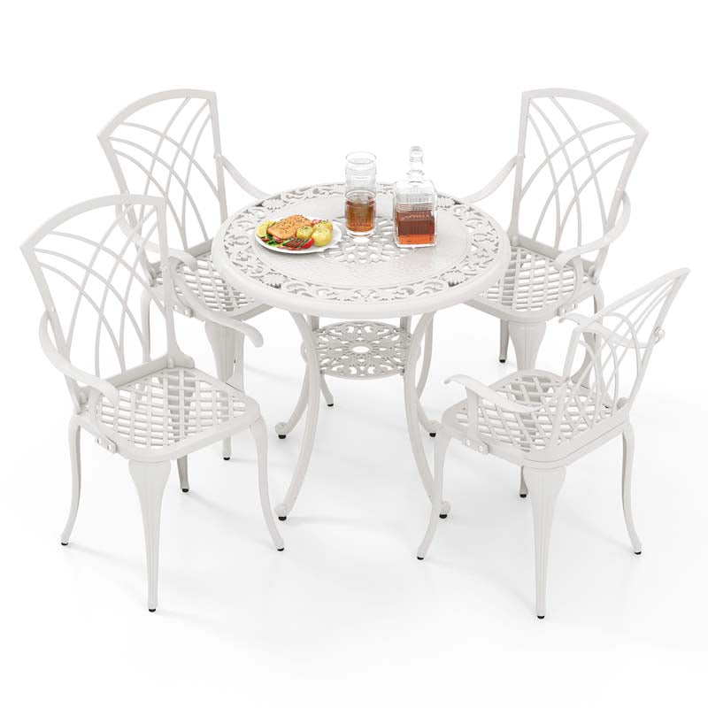 5 Pieces Retro Cast Aluminum Outdoor Round Dining Table Set with 2.5" Umbrella Hole & 4 Armchairs
