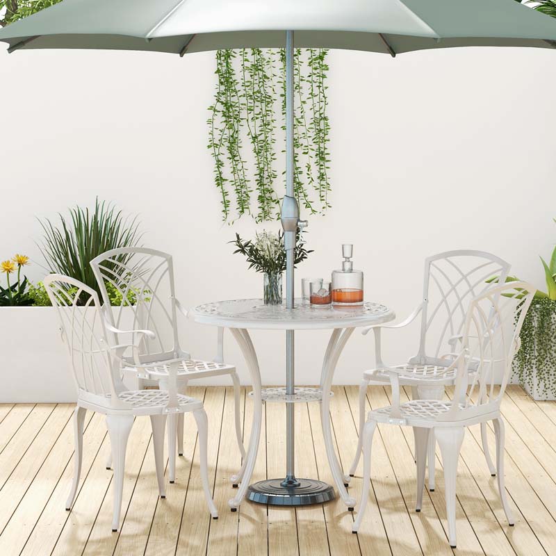 5 Pieces Retro Cast Aluminum Outdoor Round Dining Table Set with 2.5" Umbrella Hole & 4 Armchairs