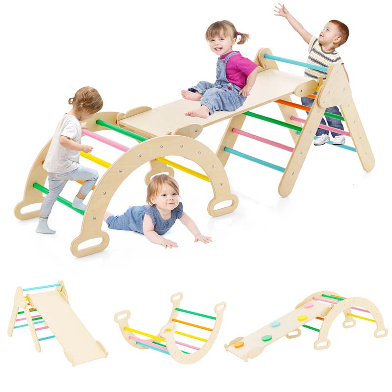 5-in-1 Montessori Wooden Climbing Toys for Toddlers, Arch Climber Ladder with Sliding Ramp, Kids Triangle Climber Play Gym Set