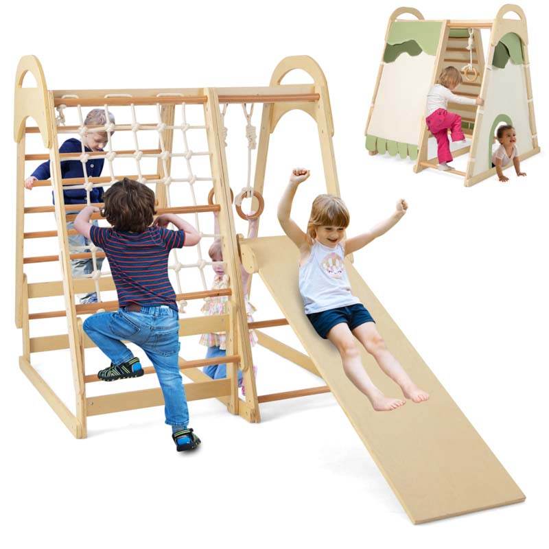 6-in-1 Wooden Kids Jungle Gym Playset with Slide Climbing Net, Indoor Playground Montessori Climbing Toys for Toddlers