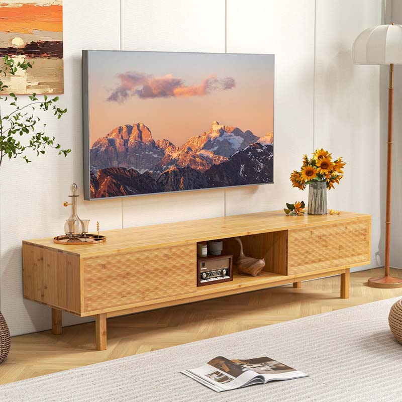 63" Bamboo TV Stand for Up to 70" TVs, Mid Century Modern Entertainment Center Media Console with Sliding Doors & 3 Storage Cubbies for Living Room