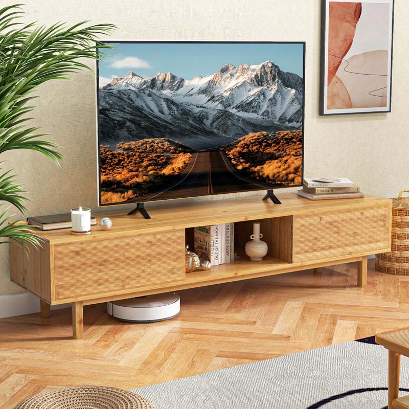 63" Bamboo TV Stand for Up to 70" TVs, Mid Century Modern Entertainment Center Media Console with Sliding Doors & 3 Storage Cubbies for Living Room