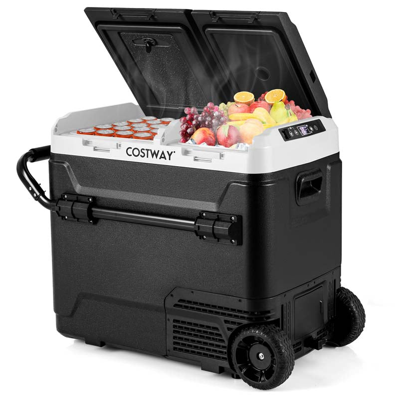 64-Quart Car Refrigerator Cooler with Wheels, Dual-zone Portable Car Fridge Freezer for RV Camping, 12V/24V DC, 100-240V AC