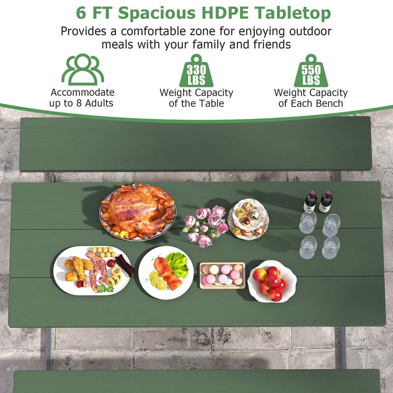 6 FT 8-Person Outdoor Large Picnic Table Bench Set with Umbrella Hole, Metal Frame, All-Weather HDPE Tabletop