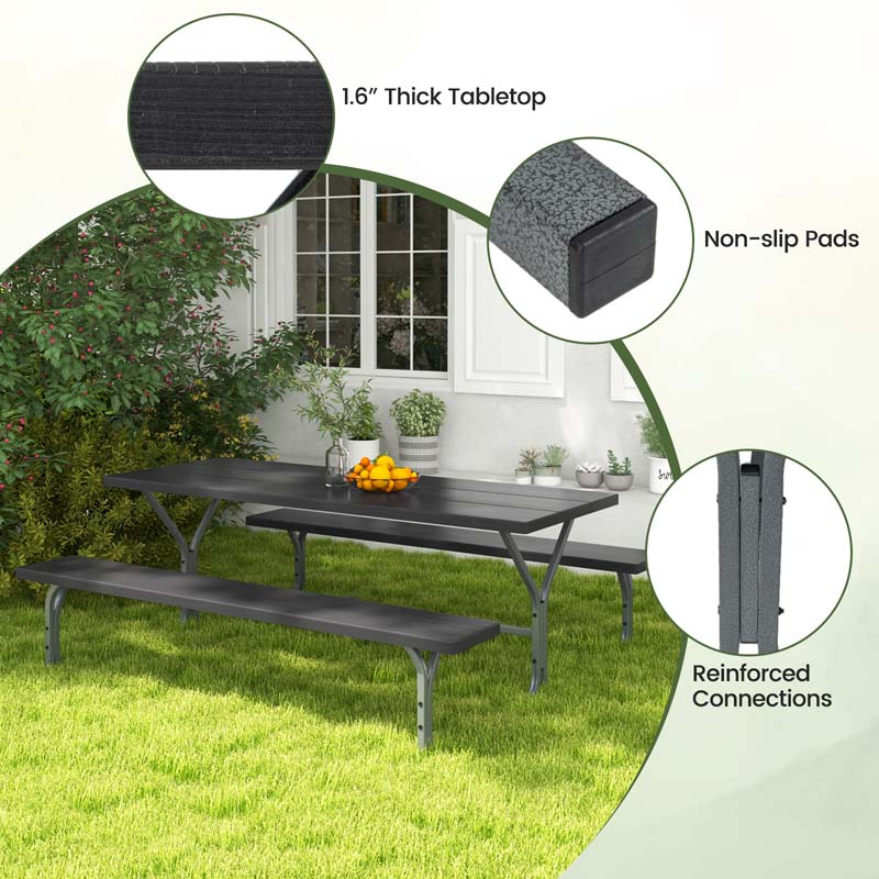 6 FT 8-Person Outdoor Large Picnic Table Bench Set with Umbrella Hole, Metal Frame, All-Weather HDPE Tabletop