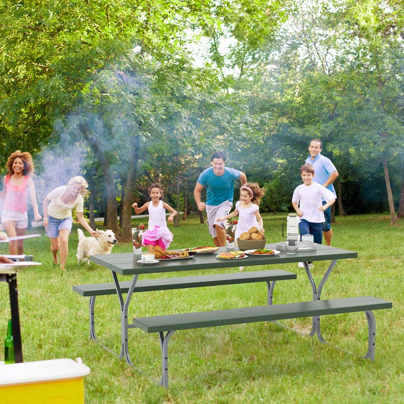 6 FT 8-Person Outdoor Large Picnic Table Bench Set with Umbrella Hole, Metal Frame, All-Weather HDPE Tabletop