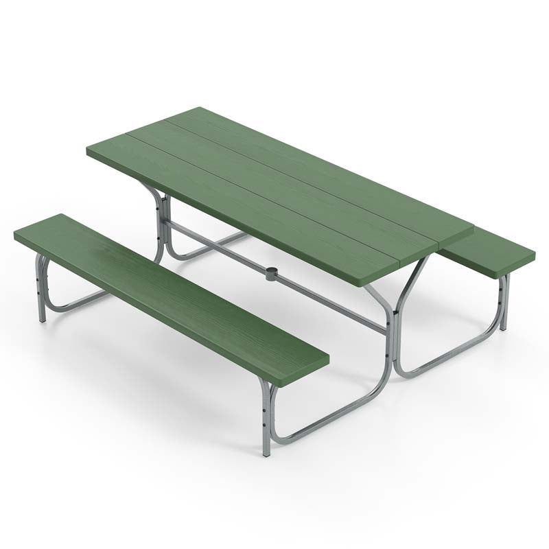 6 FT 8-Person Outdoor Large Picnic Table Bench Set with Umbrella Hole, Metal Frame, All-Weather HDPE Tabletop