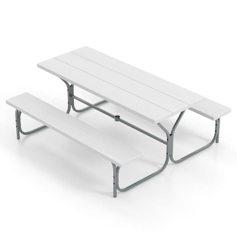 6 FT 8-Person Outdoor Large Picnic Table Bench Set with Umbrella Hole, Metal Frame, All-Weather HDPE Tabletop