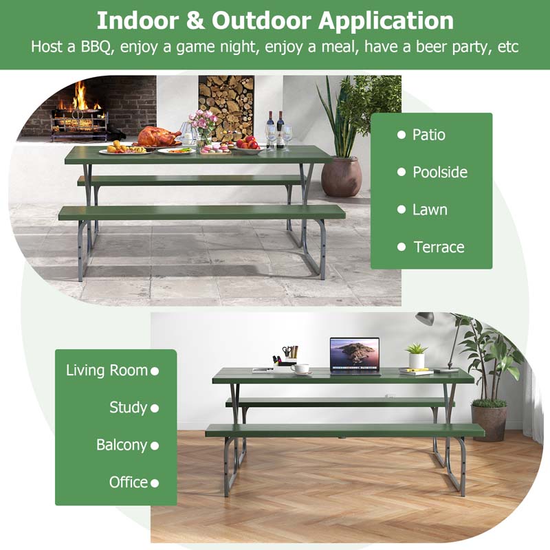 6 FT 8-Person Outdoor Large Picnic Table Bench Set with Umbrella Hole, Metal Frame, All-Weather HDPE Tabletop