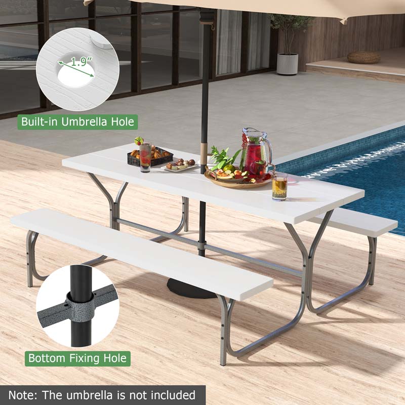 6 FT 8-Person Outdoor Large Picnic Table Bench Set with Umbrella Hole, Metal Frame, All-Weather HDPE Tabletop