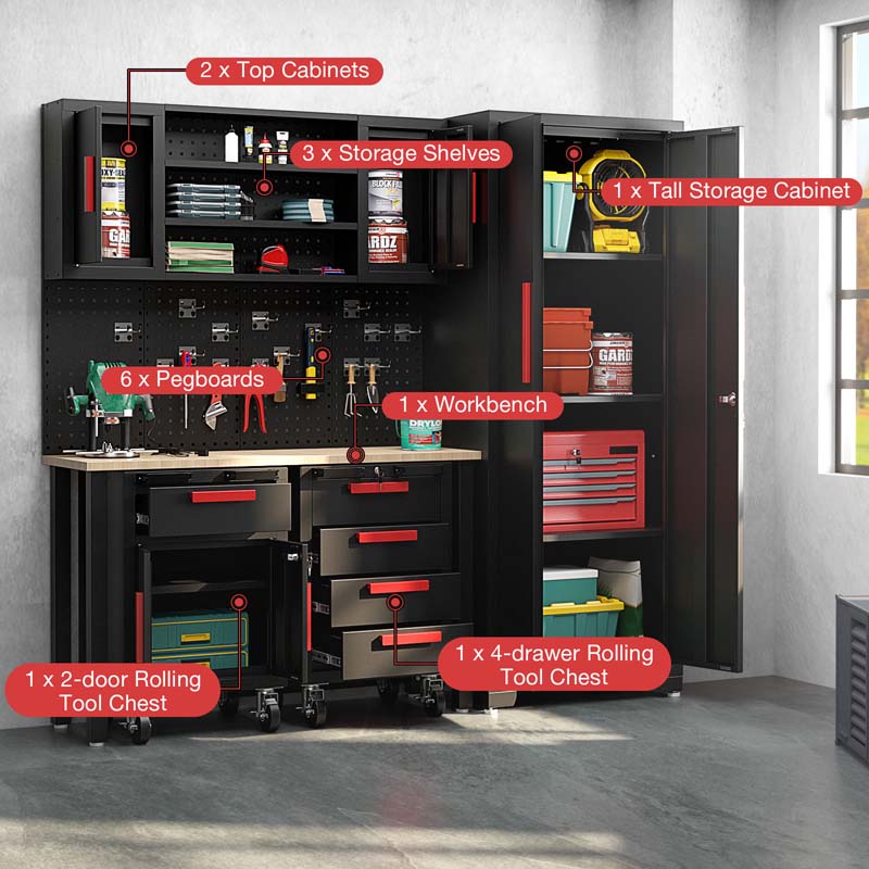 6-Piece Garage Organization Cabinets Set and Storage System with Pegboard & Rolling Chests, Tool Storage Chest for Workshop