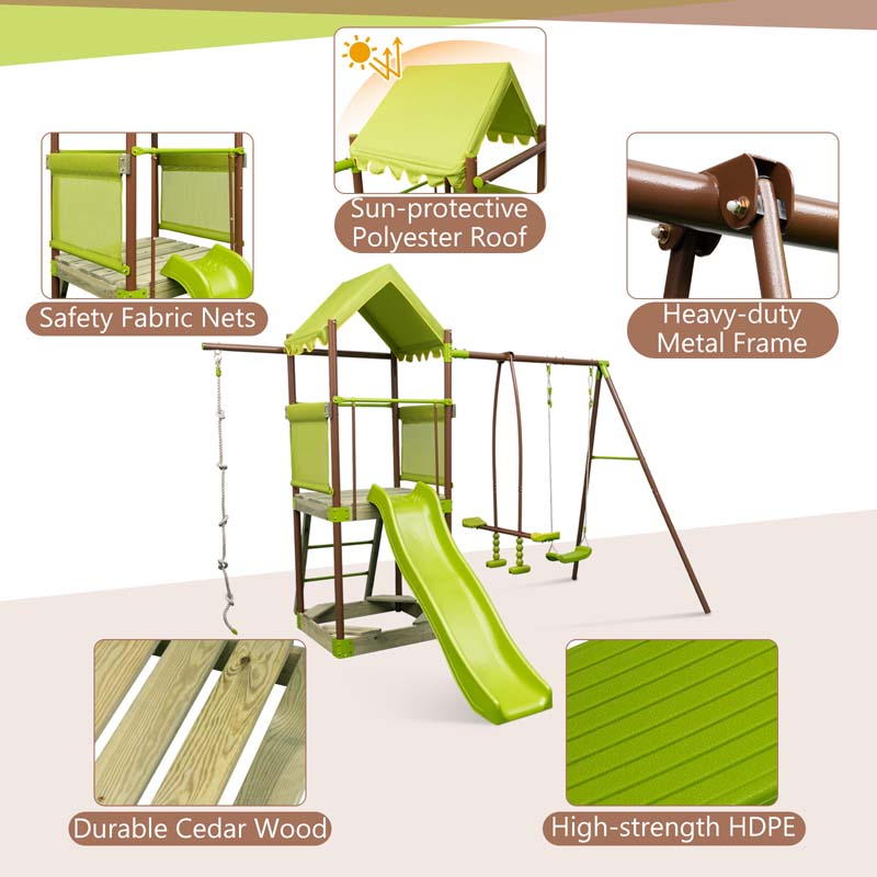 7-in-1 Backyard Heavy Duty Metal Swing Set for Kids with Slide, Covered Fort, Sandbox, Climbing Rope, Glider & Swing for Outdoor Playground Fun