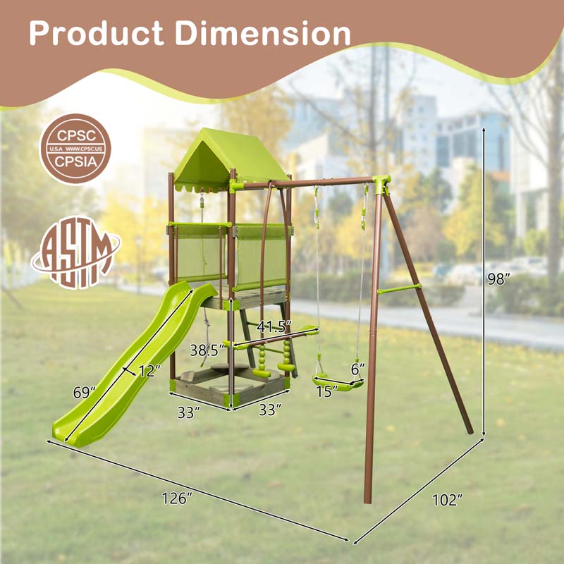 7-in-1 Backyard Heavy Duty Metal Swing Set for Kids with Slide, Covered Fort, Sandbox, Climbing Rope, Glider & Swing for Outdoor Playground Fun