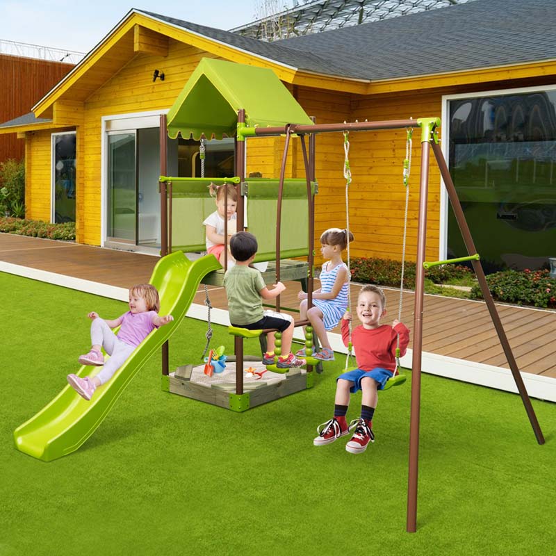 7-in-1 Backyard Heavy Duty Metal Swing Set for Kids with Slide, Covered Fort, Sandbox, Climbing Rope, Glider & Swing for Outdoor Playground Fun