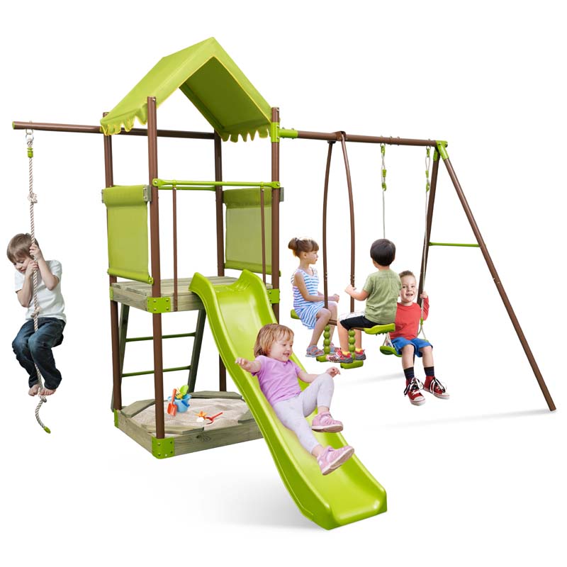 7-in-1 Backyard Heavy Duty Metal Swing Set for Kids with Slide, Covered Fort, Sandbox, Climbing Rope, Glider & Swing for Outdoor Playground Fun