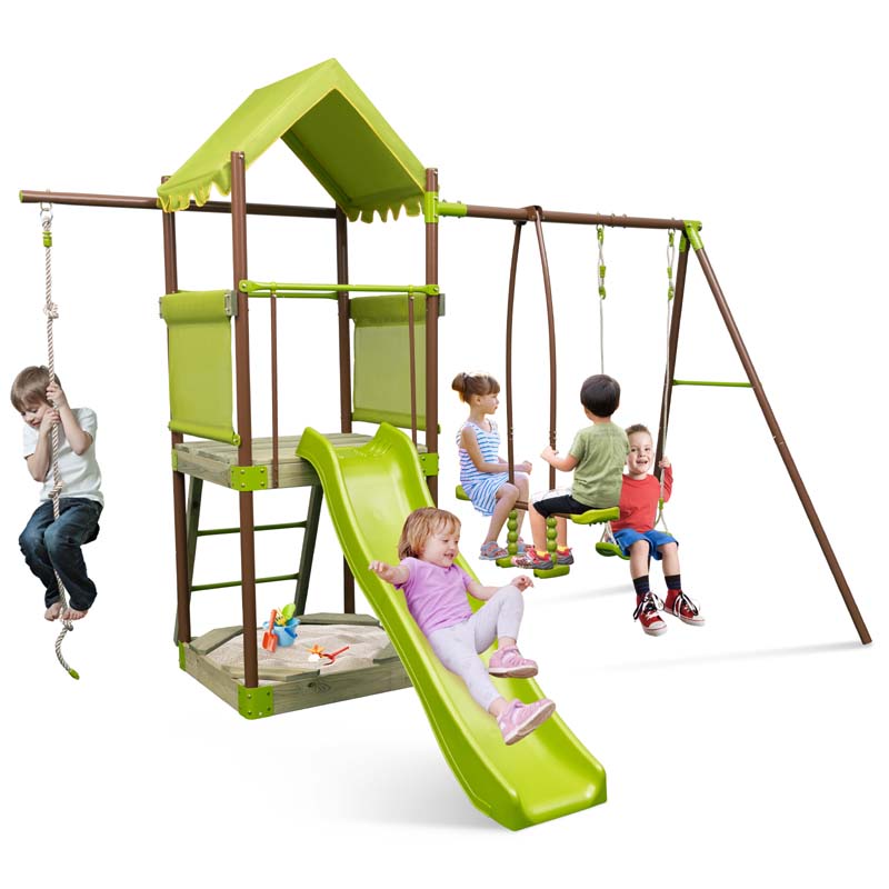 7-in-1 Heavy Duty Kids Swing Sets for Backyard with Slide, Upper Deck with Canopy, Sandbox, Climbing Rope, Glider and Swing