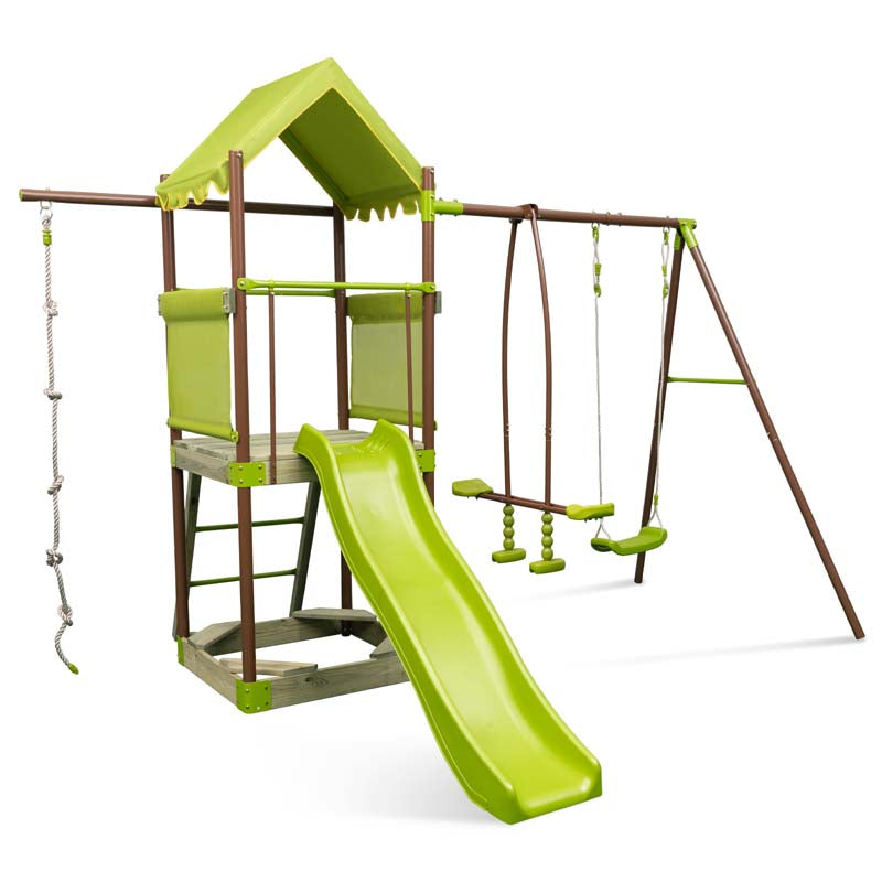 7-in-1 Backyard Heavy Duty Metal Swing Set for Kids with Slide, Covered Fort, Sandbox, Climbing Rope, Glider & Swing for Outdoor Playground Fun