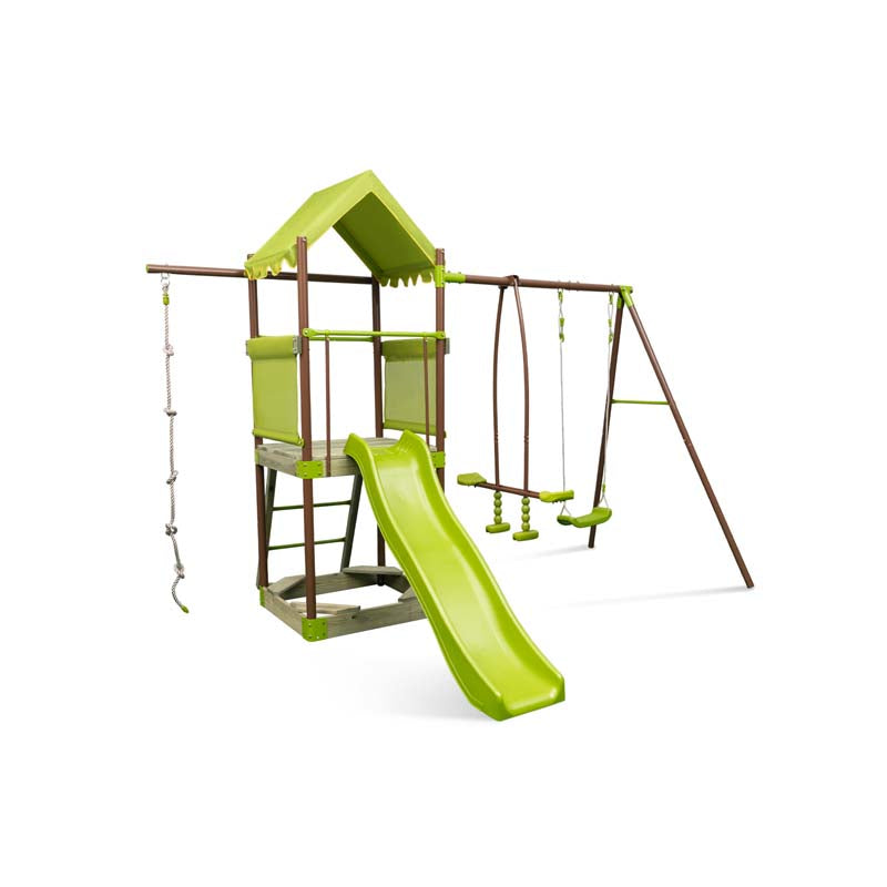 7-in-1 Backyard Heavy Duty Metal Swing Set for Kids with Slide, Covered Fort, Sandbox, Climbing Rope, Glider & Swing for Outdoor Playground Fun