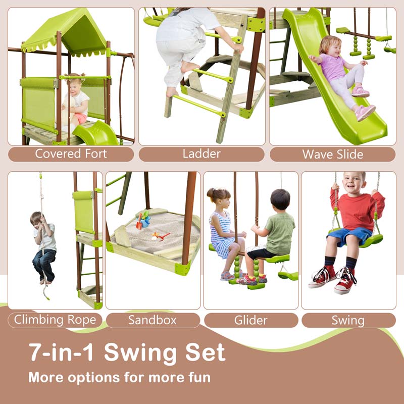 7-in-1 Backyard Heavy Duty Metal Swing Set for Kids with Slide, Covered Fort, Sandbox, Climbing Rope, Glider & Swing for Outdoor Playground Fun