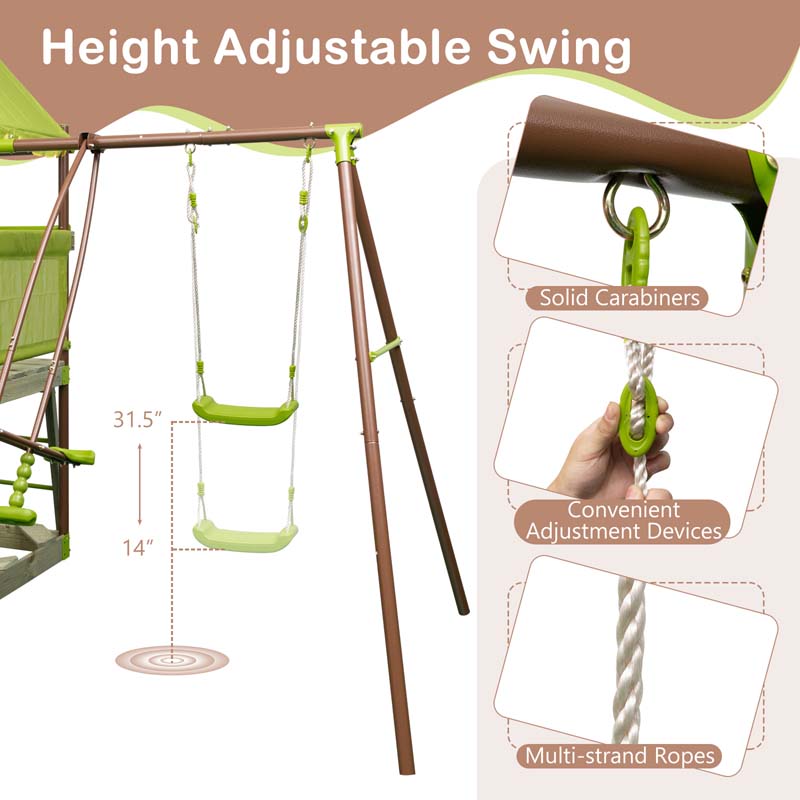 7-in-1 Backyard Heavy Duty Metal Swing Set for Kids with Slide, Covered Fort, Sandbox, Climbing Rope, Glider & Swing for Outdoor Playground Fun