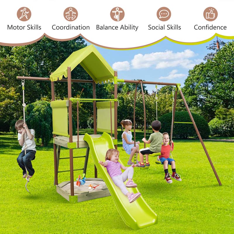 7-in-1 Backyard Heavy Duty Metal Swing Set for Kids with Slide, Covered Fort, Sandbox, Climbing Rope, Glider & Swing for Outdoor Playground Fun