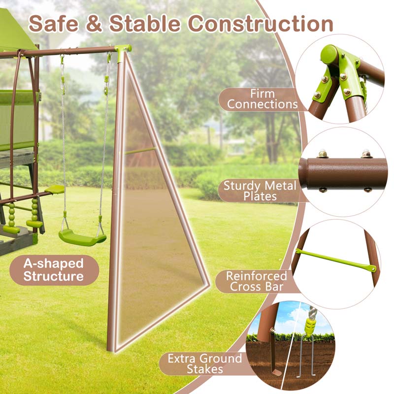 7-in-1 Backyard Heavy Duty Metal Swing Set for Kids with Slide, Covered Fort, Sandbox, Climbing Rope, Glider & Swing for Outdoor Playground Fun