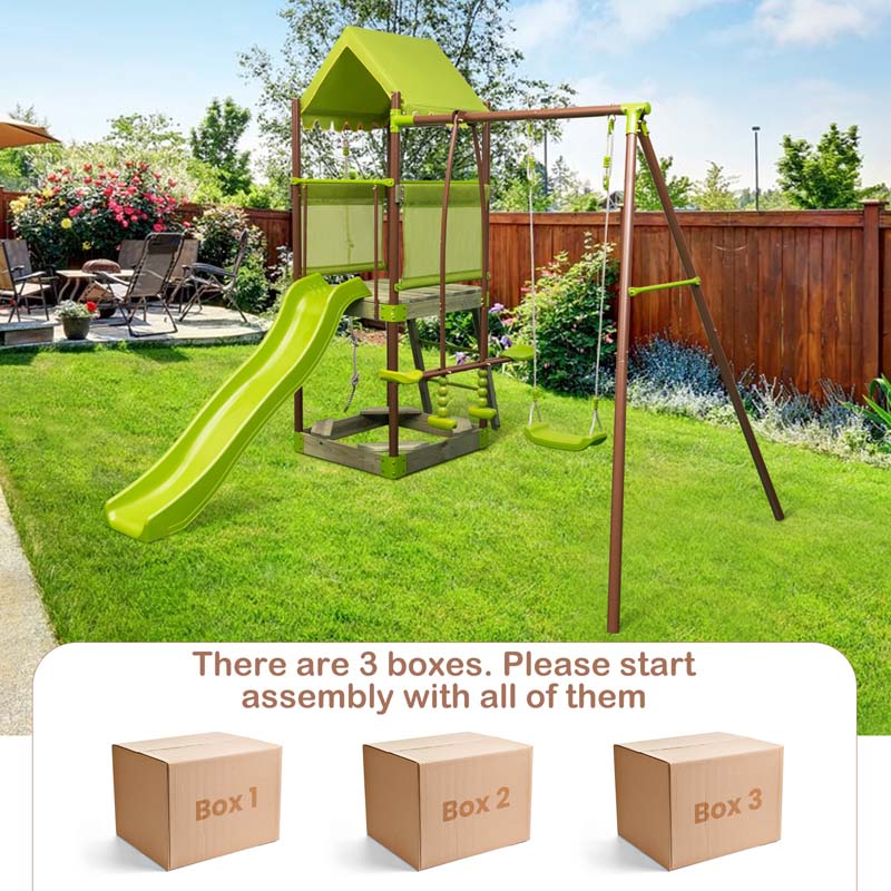 7-in-1 Backyard Heavy Duty Metal Swing Set for Kids with Slide, Covered Fort, Sandbox, Climbing Rope, Glider & Swing for Outdoor Playground Fun