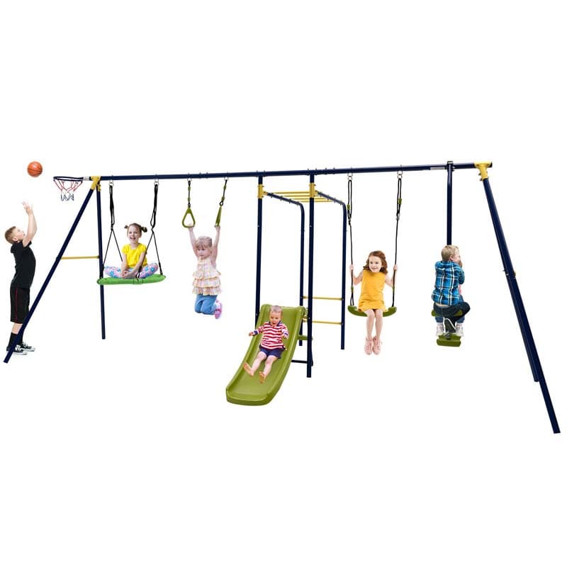 7-in-1 Extra Large Outdoor Swing Set for Backyard, 660 lbs Heavy Duty Swing Set with A-Frame Metal Swing Stand