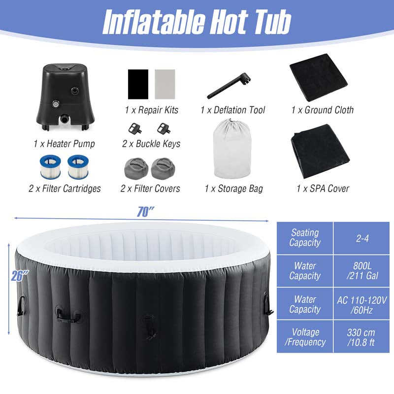 2-6 Person Inflatable Hot Tub with 110/130 Soothing Air Jets, Heater Pump & Cover, Portable Outdoor Water Spa Tub for Backyard