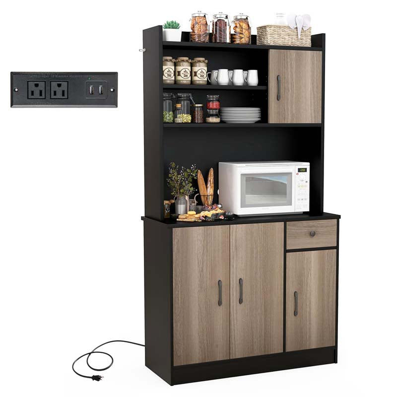 71" Kitchen Pantry Storage Cabinet with Power Outlet, Modern Freestanding Kitchen Buffet Sideboard Cupboard Organizer