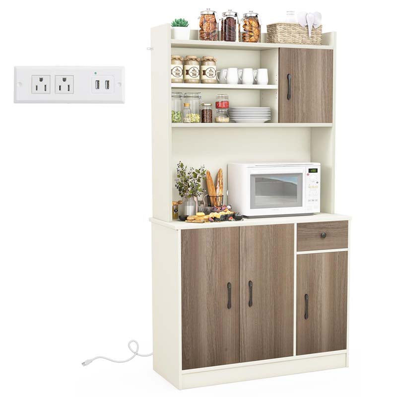 71" Kitchen Pantry Storage Cabinet with Power Outlet, Modern Freestanding Kitchen Buffet Sideboard Cupboard Organizer