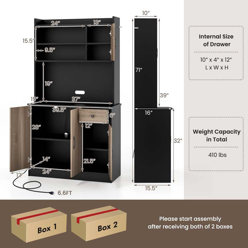 71" Kitchen Pantry Storage Cabinet with Power Outlet, Modern Freestanding Kitchen Buffet Sideboard Cupboard Organizer
