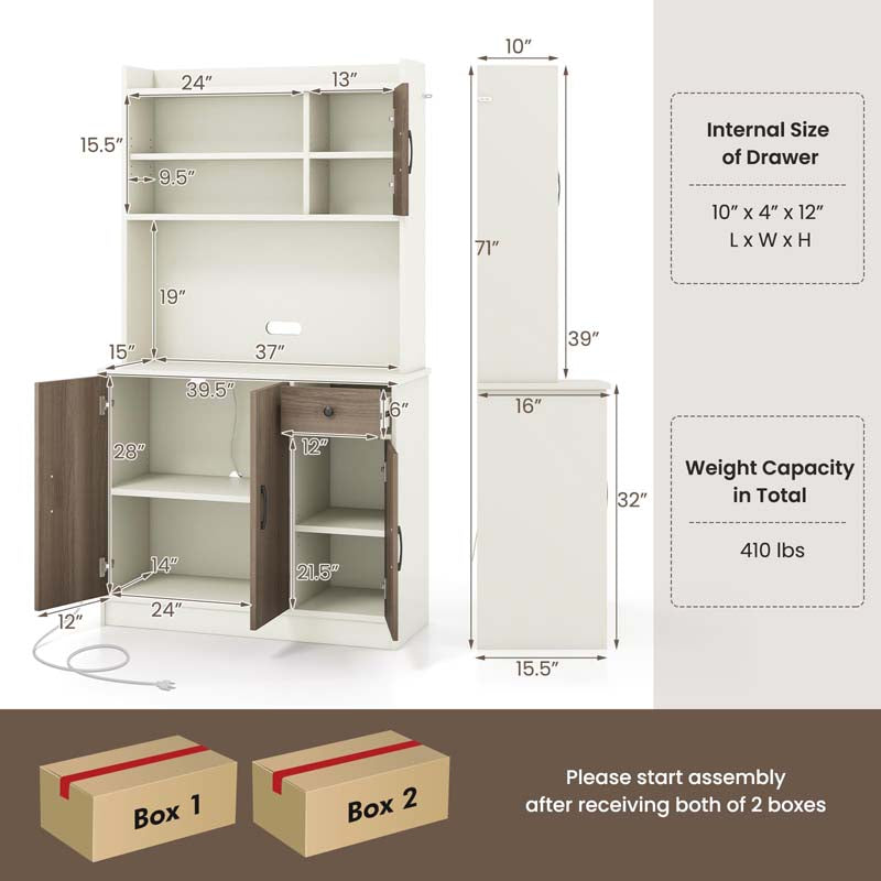 71" Kitchen Pantry Storage Cabinet with Power Outlet, Modern Freestanding Kitchen Buffet Sideboard Cupboard Organizer