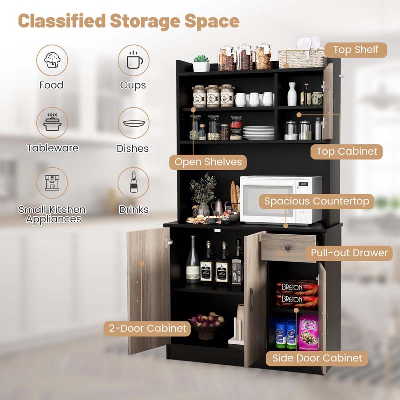 71" Kitchen Pantry Storage Cabinet with Power Outlet, Modern Freestanding Kitchen Buffet Sideboard Cupboard Organizer