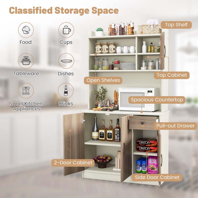 71" Kitchen Pantry Storage Cabinet with Power Outlet, Modern Freestanding Kitchen Buffet Sideboard Cupboard Organizer