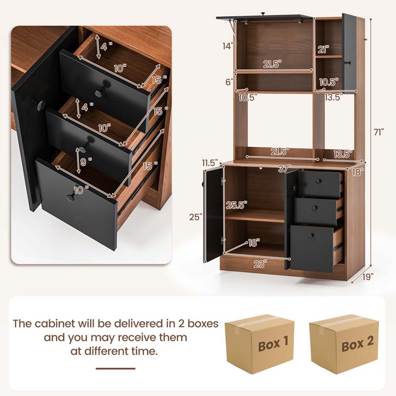 71" Kitchen Buffet Hutch Storage Cabinet Microwave Cupboard, Freestanding Pantry with 3 Cabinets & Drawers, Adjustable Shelves