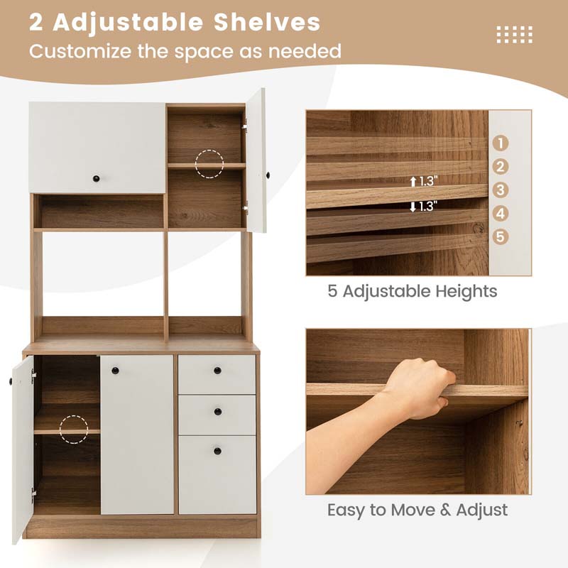 71" Kitchen Buffet Hutch Storage Cabinet Microwave Cupboard, Freestanding Pantry with 3 Cabinets & Drawers, Adjustable Shelves