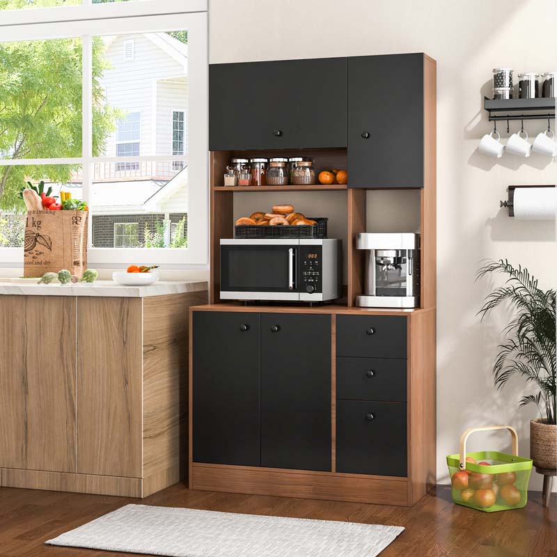71" Kitchen Buffet Hutch Storage Cabinet Microwave Cupboard, Freestanding Pantry with 3 Cabinets & Drawers, Adjustable Shelves