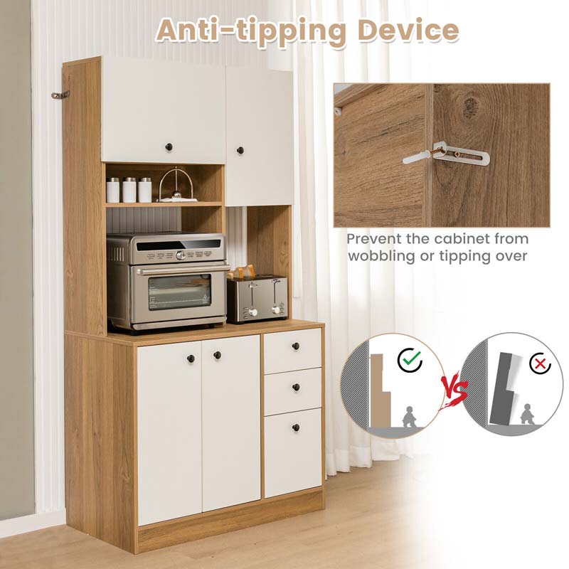 71" Kitchen Buffet Hutch Storage Cabinet Microwave Cupboard, Freestanding Pantry with 3 Cabinets & Drawers, Adjustable Shelves