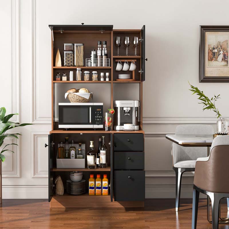 71" Kitchen Buffet Hutch Storage Cabinet Microwave Cupboard, Freestanding Pantry with 3 Cabinets & Drawers, Adjustable Shelves