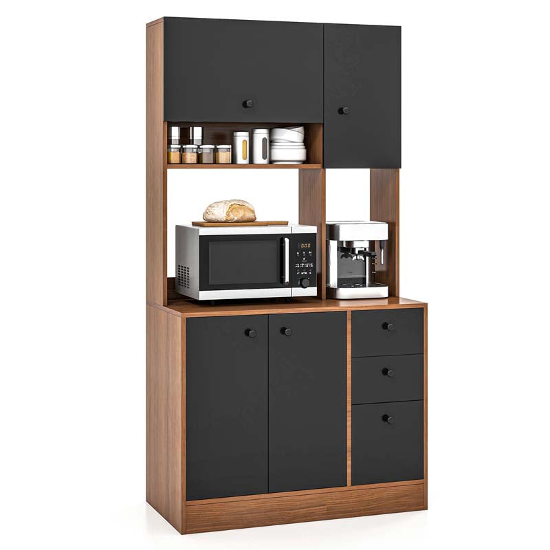 71" Kitchen Buffet Hutch Storage Cabinet Microwave Cupboard, Freestanding Pantry with 3 Cabinets & Drawers, Adjustable Shelves