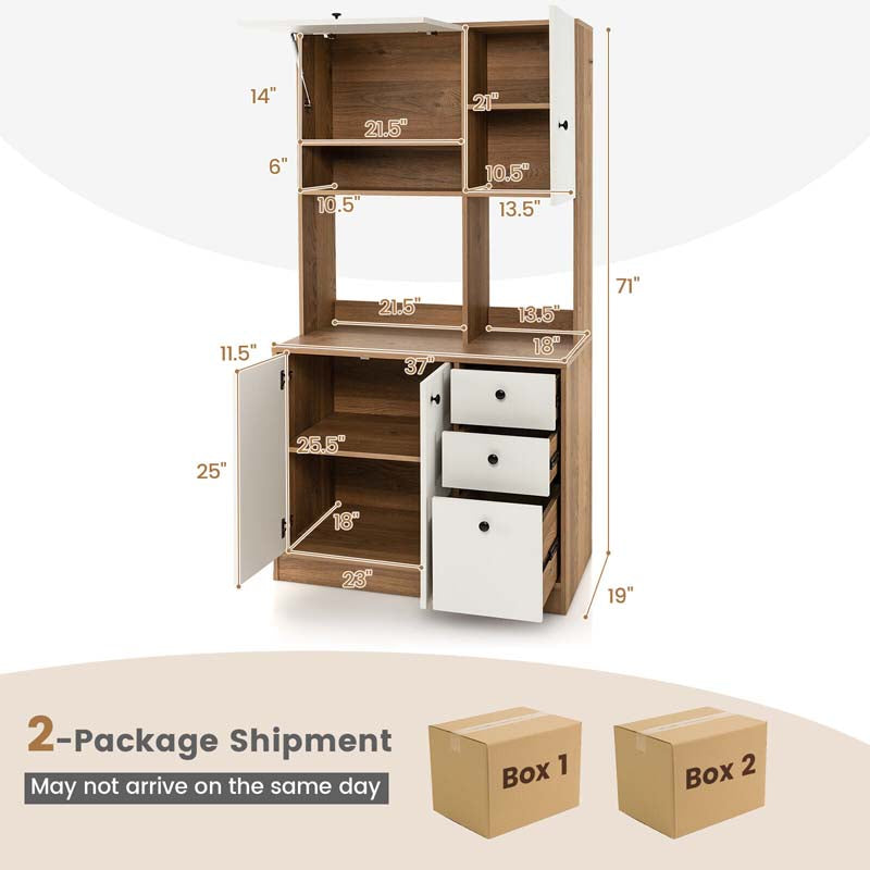 71" Kitchen Buffet Hutch Storage Cabinet Microwave Cupboard, Freestanding Pantry with 3 Cabinets & Drawers, Adjustable Shelves